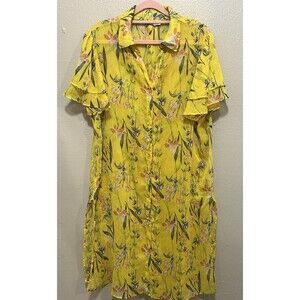 Cato Floral Yellow Gold Sheer Ruffle Sleeve Midi‎ Dress Size 14/16W